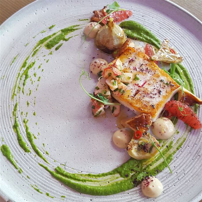 Seared halibut, fennel and lemon puree, roasted artichoke, charred