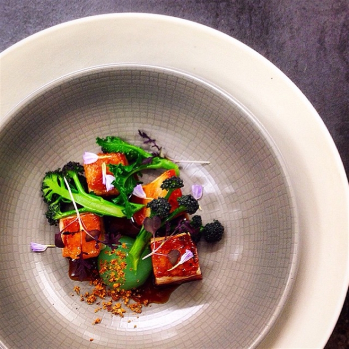 Part two... Pork belly, slow cooked and crisped, purple sprouting