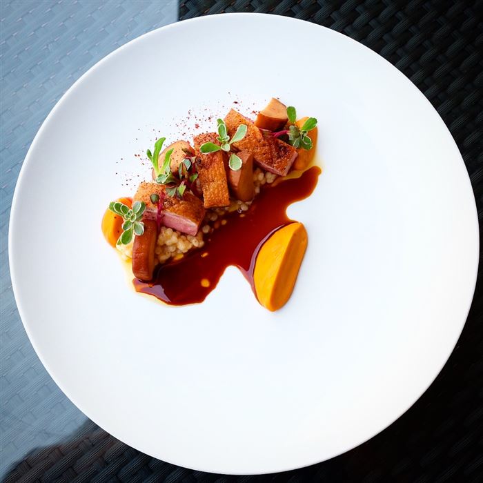 Duck, couscous, carrot maple, King trumpet adobo Recipe by