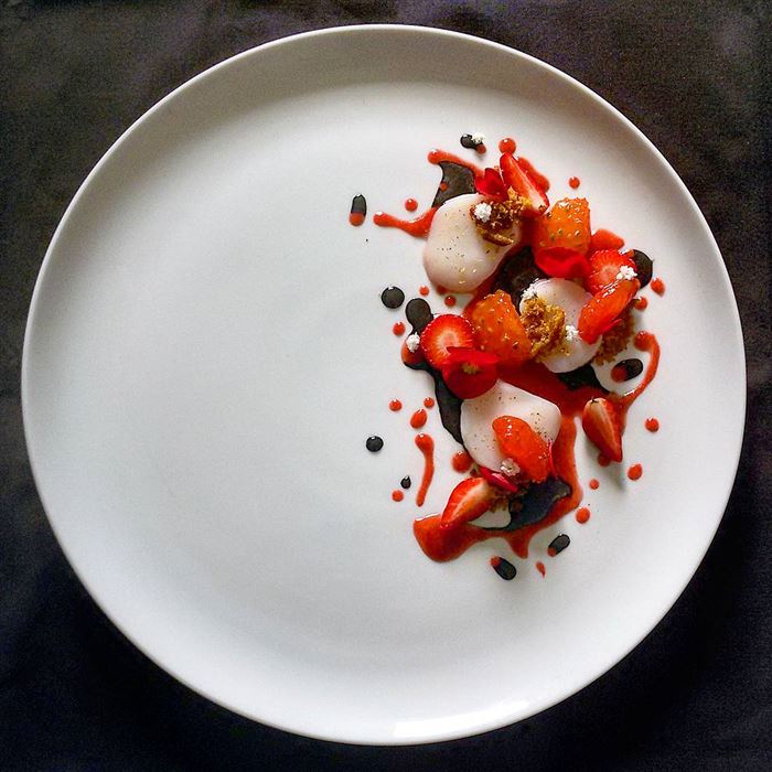 Scallops crudo,strawberries,tomato,black sesame,sour flowers,smoked eel Photo by