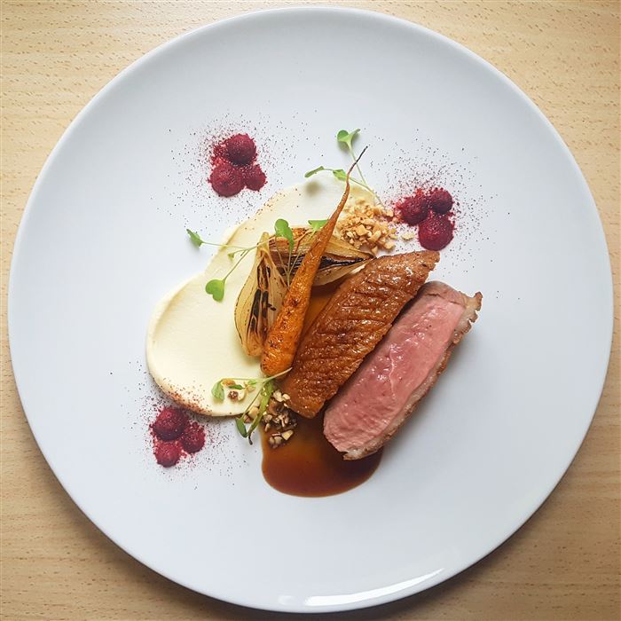 Honey/coriander glazed duck breast•parsnip puree•duck fat seared carrot ...