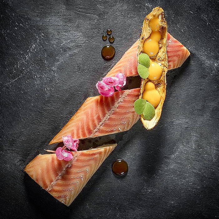 Yellowfin tuna & smoked Dutch eel with seaberries and cornflower